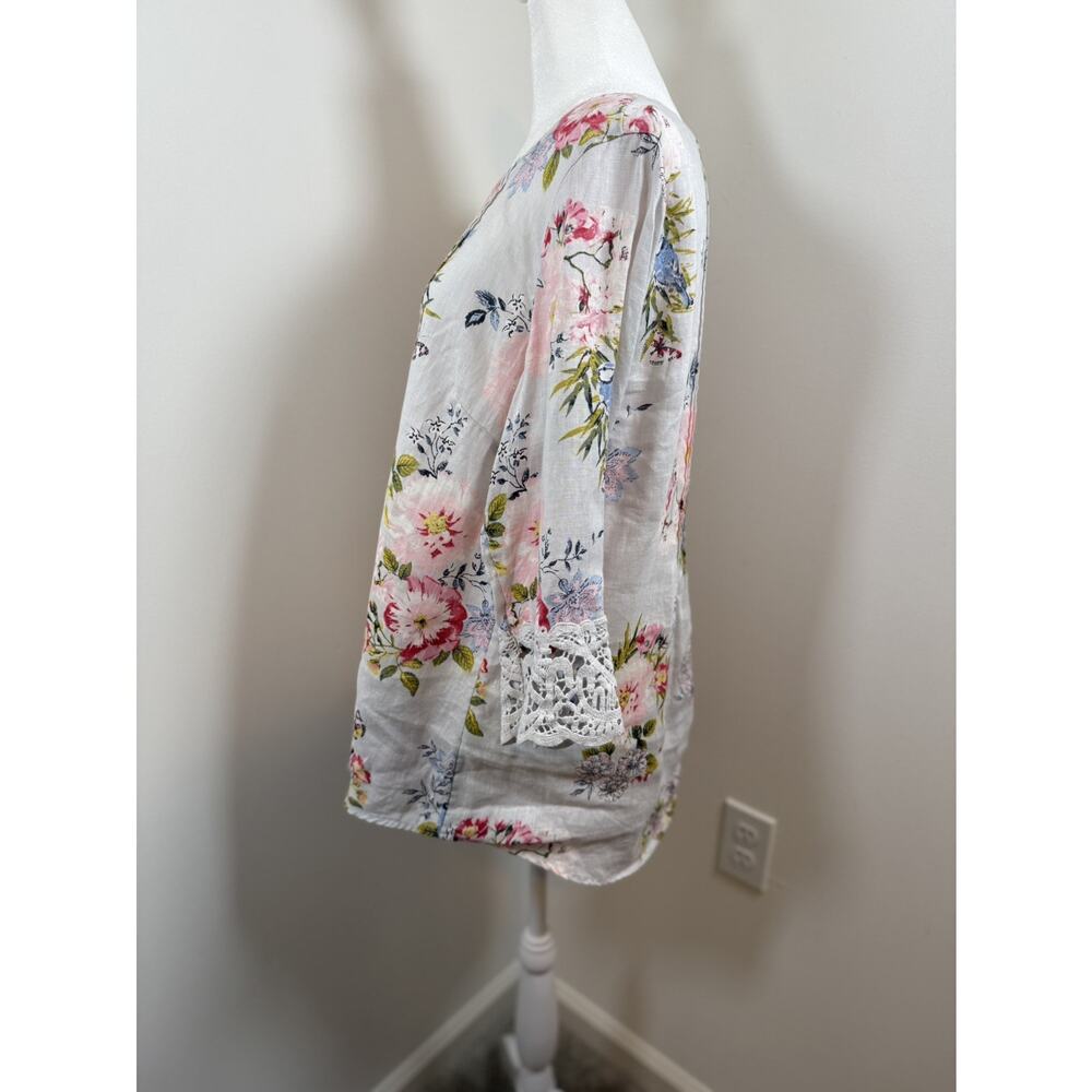 J Jill Love Linen Floral Top Size Medium Lace Trim Lagenlook Pleated Cottage - Picture 10 of 10